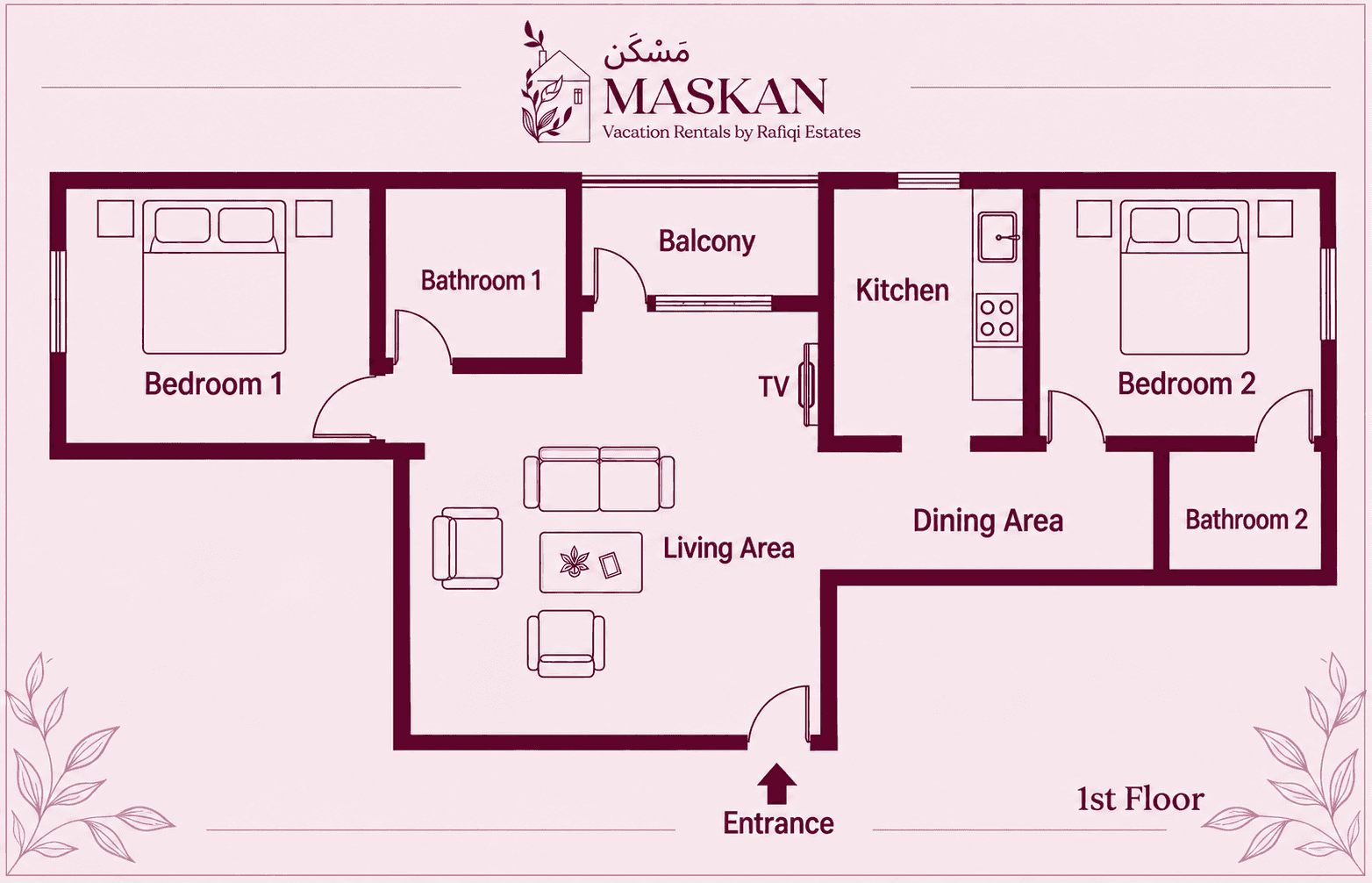 Nazm (1B) — floor plan: 2-bedroom 2BHK layout on the 1st floor at Maskan, Srinagar