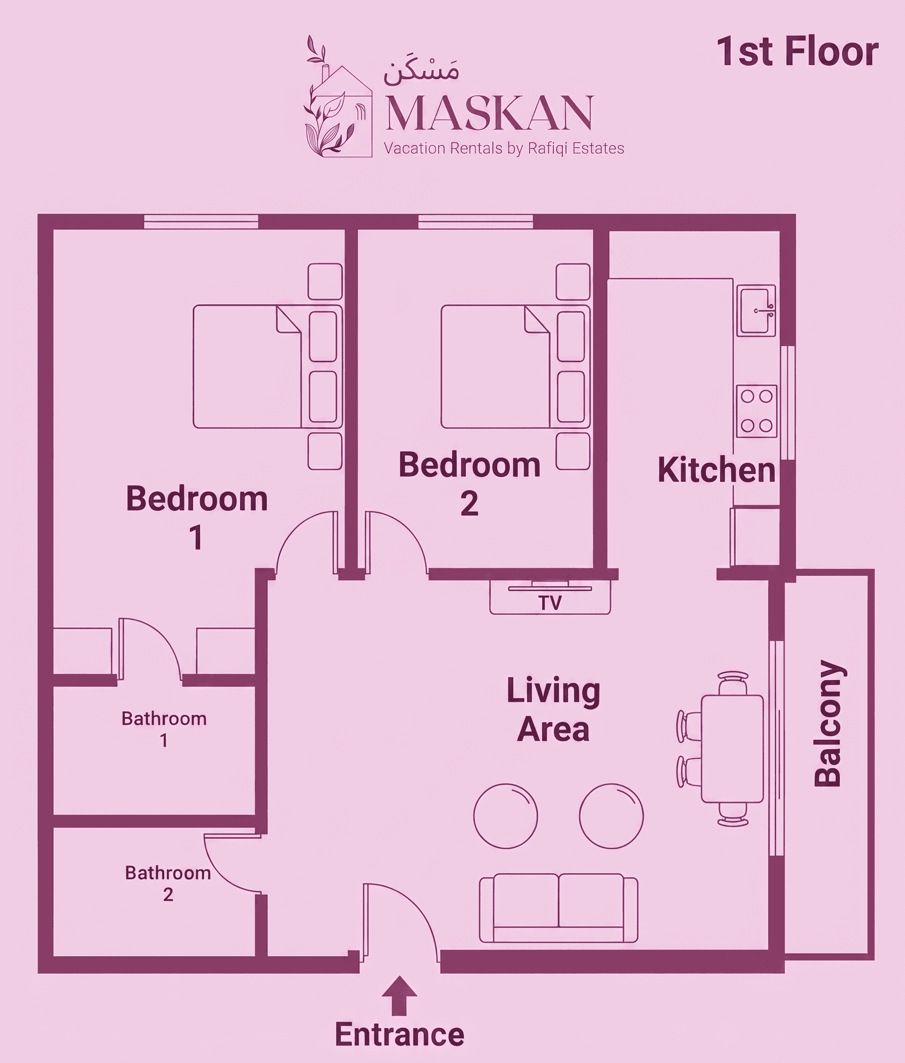 Posh (1C) — floor plan: 2-bedroom 2BHK layout on the 1st floor at Maskan, Srinagar
