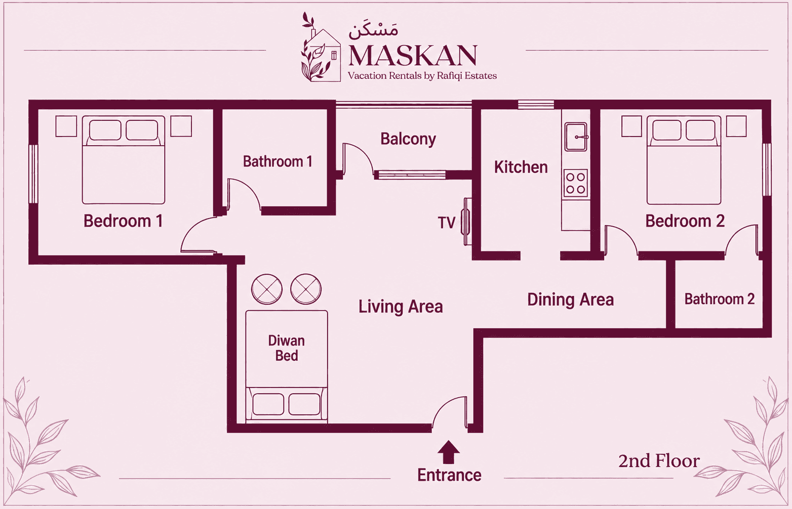 Mehfil (2B) — floor plan: 2-bedroom 2BHK layout on the 2nd floor at Maskan, Srinagar