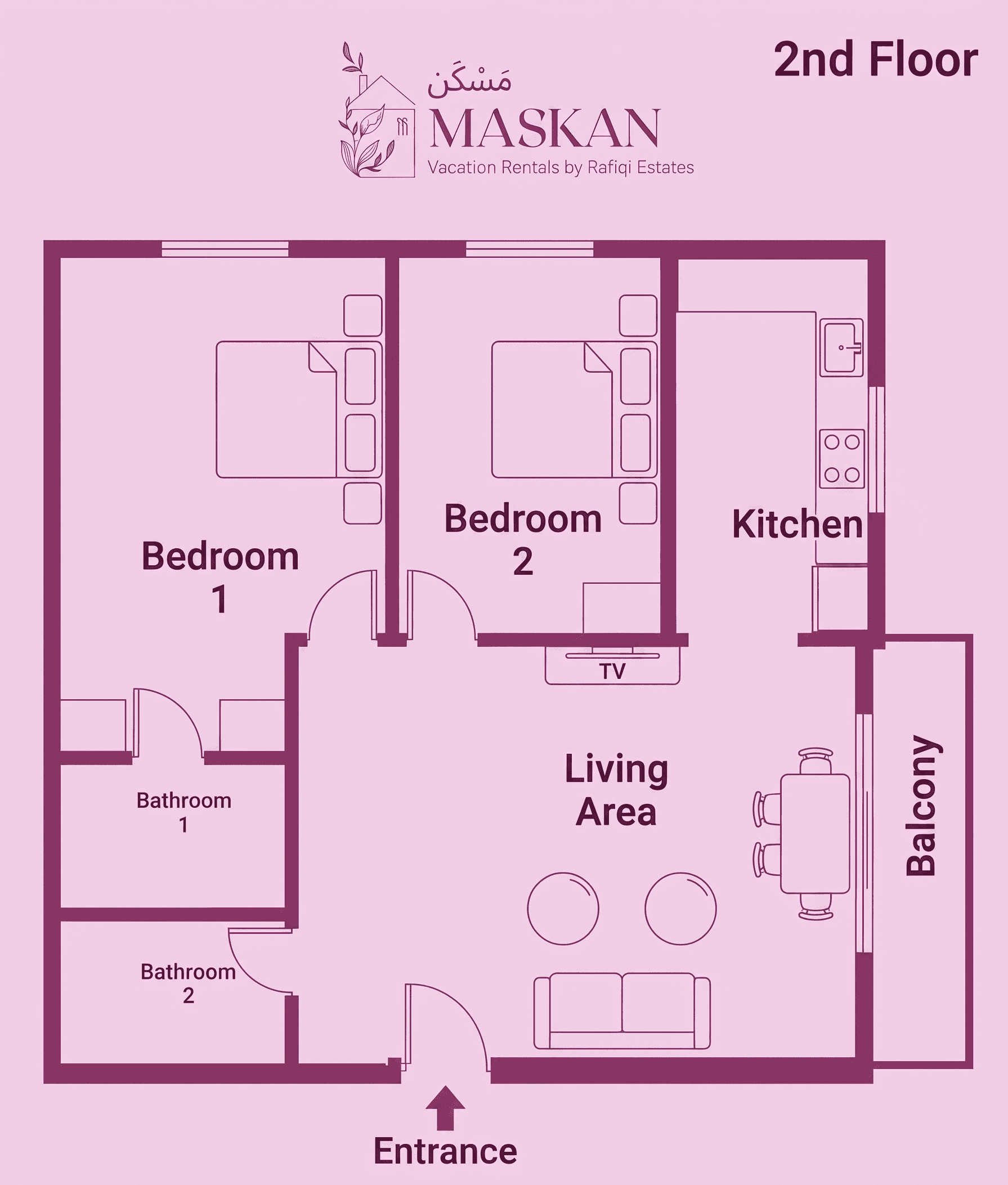 Gulab (2C) — floor plan: 2-bedroom 2BHK layout on the 2nd floor at Maskan, Srinagar